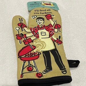 Blue Q Tan Oven Mitt with Red and Black BBQ Design